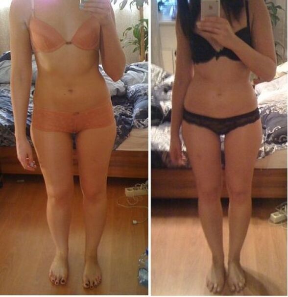 Seorang gadis sebelum dan selepas menurunkan berat badan pada diet Jepun dalam 14 hari